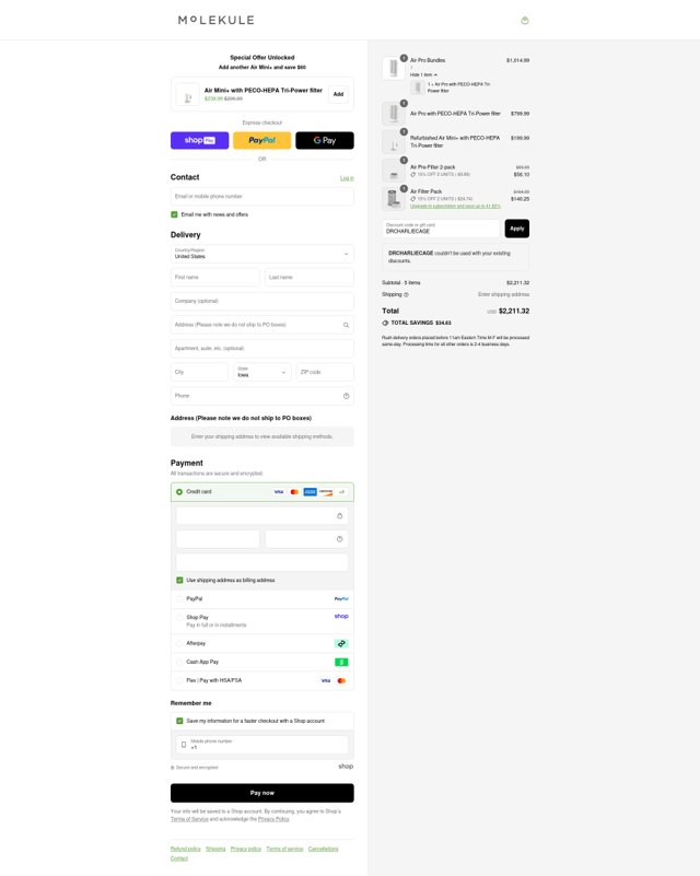Molekule checkout page showing Molekule discount code box | Screenshot taken by SimplyCodes community member on Aug 26, 2025