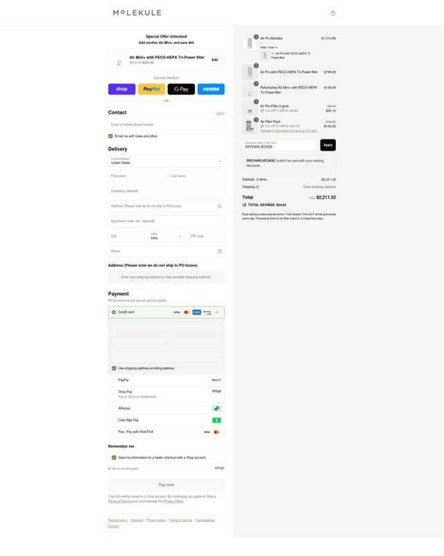 Molekule checkout page showing Molekule discount code box | Screenshot taken by SimplyCodes community member on Aug 30, 2025