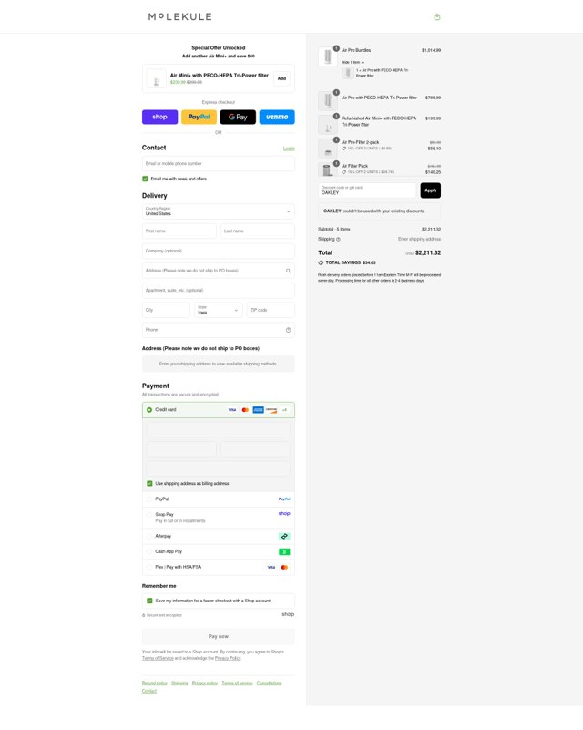 Molekule checkout page showing Molekule discount code box | Screenshot taken by SimplyCodes community member on Aug 30, 2025
