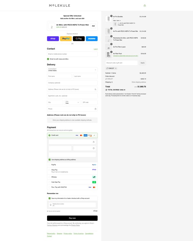 Molekule checkout page showing Molekule discount code box | Screenshot taken by SimplyCodes community member on Sep 3, 2025