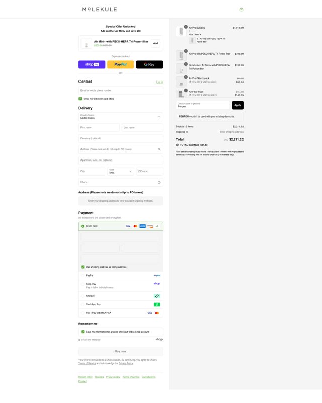 Molekule checkout page showing Molekule discount code box | Screenshot taken by SimplyCodes community member on Aug 26, 2025