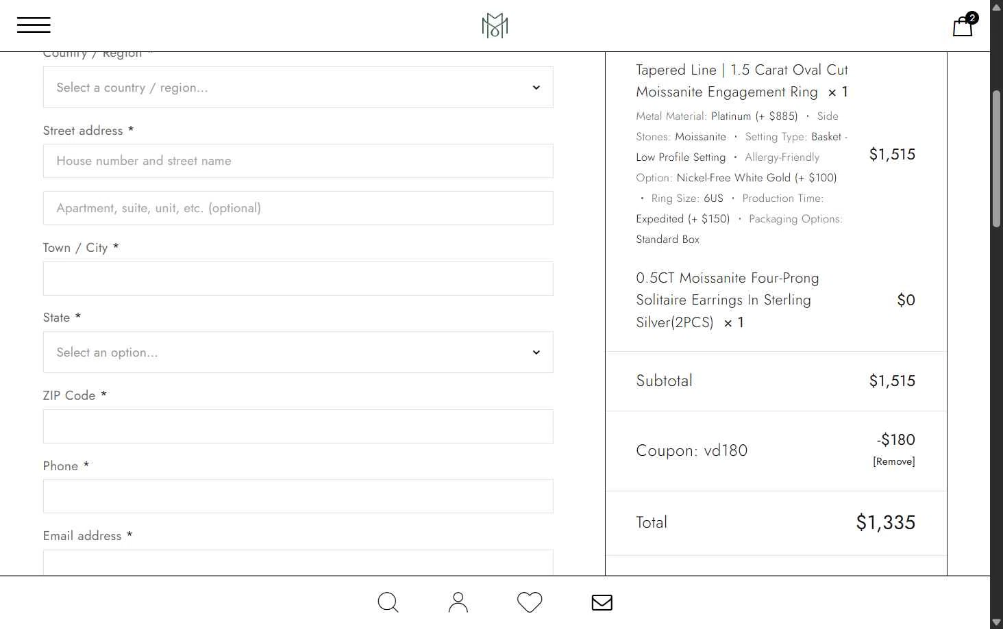 MollyJewelryUS checkout page showing MollyJewelryUS coupon code box | Screenshot taken by SimplyCodes community member on Feb 8, 2026