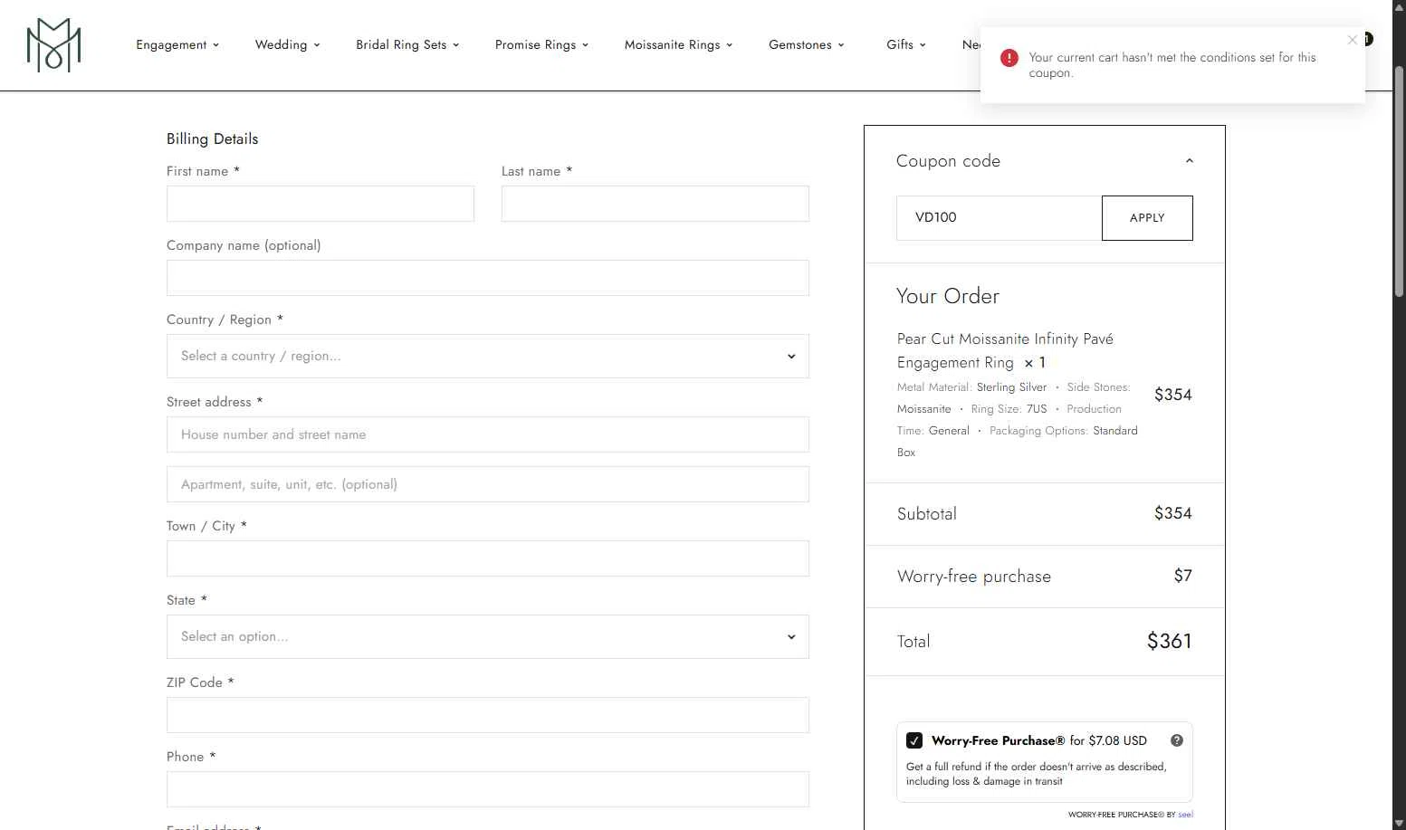 MollyJewelryUS checkout page showing MollyJewelryUS coupon code box | Screenshot taken by SimplyCodes community member on Feb 6, 2026
