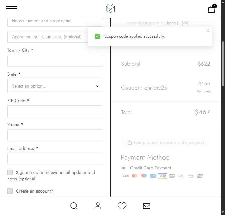 MollyJewelryUS checkout page showing MollyJewelryUS coupon code box | Screenshot taken by SimplyCodes community member on Jan 30, 2026