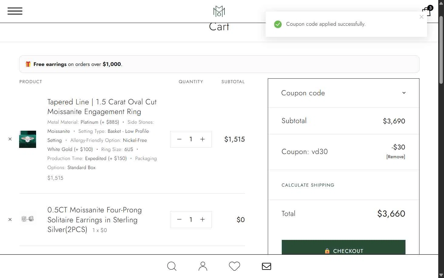 MollyJewelryUS checkout page showing MollyJewelryUS coupon code box | Screenshot taken by SimplyCodes community member on Feb 9, 2026