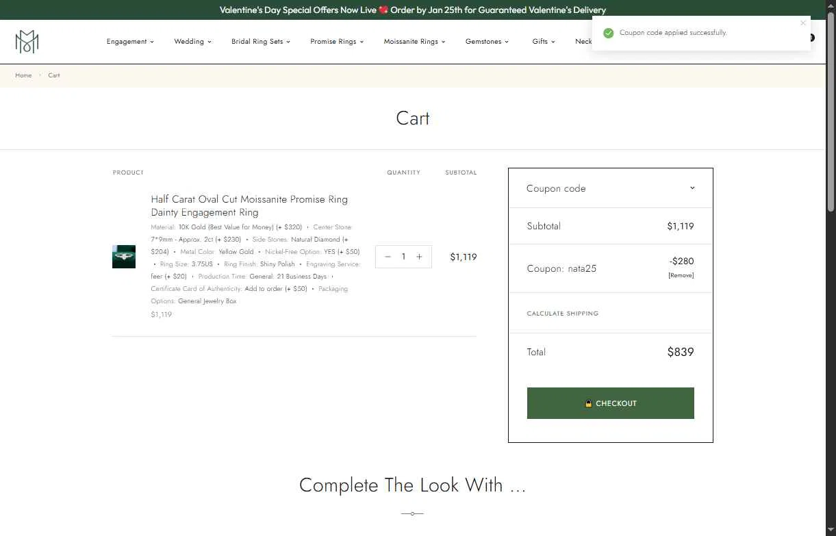 MollyJewelryUS checkout page showing MollyJewelryUS coupon code box | Screenshot taken by SimplyCodes community member on Jan 15, 2026