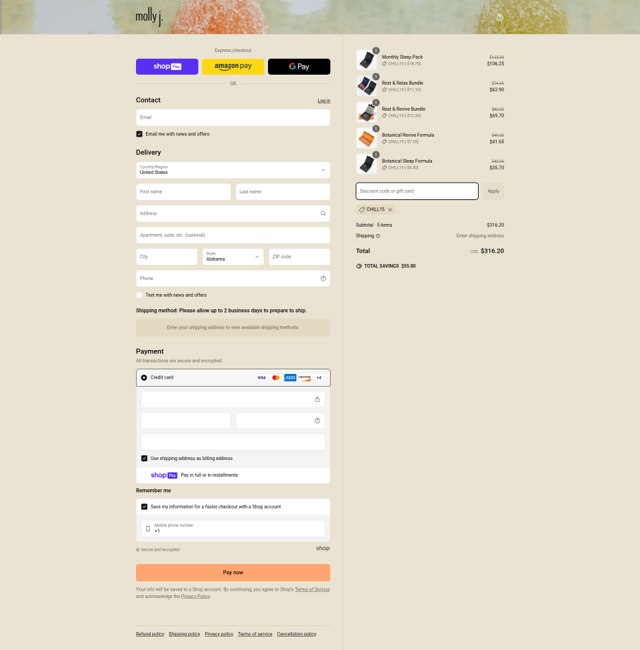 Molly J checkout page showing Molly J promo code box | Screenshot taken by SimplyCodes community member on May 2, 2025