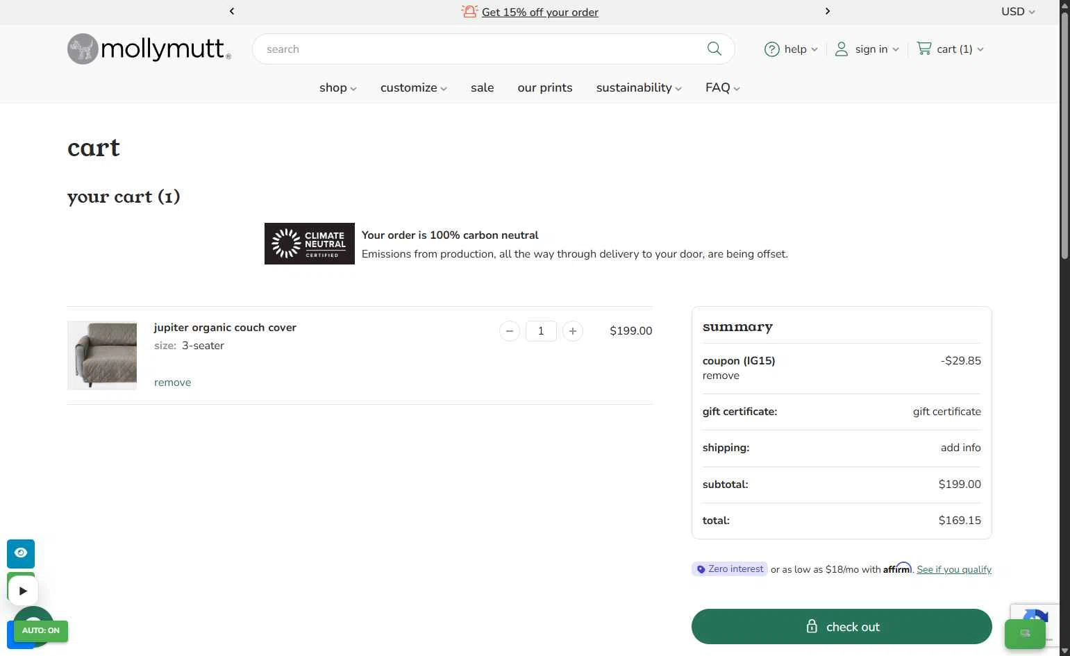 Molly Mutt checkout page showing Molly Mutt promo code box | Screenshot taken by SimplyCodes community member on Feb 5, 2026