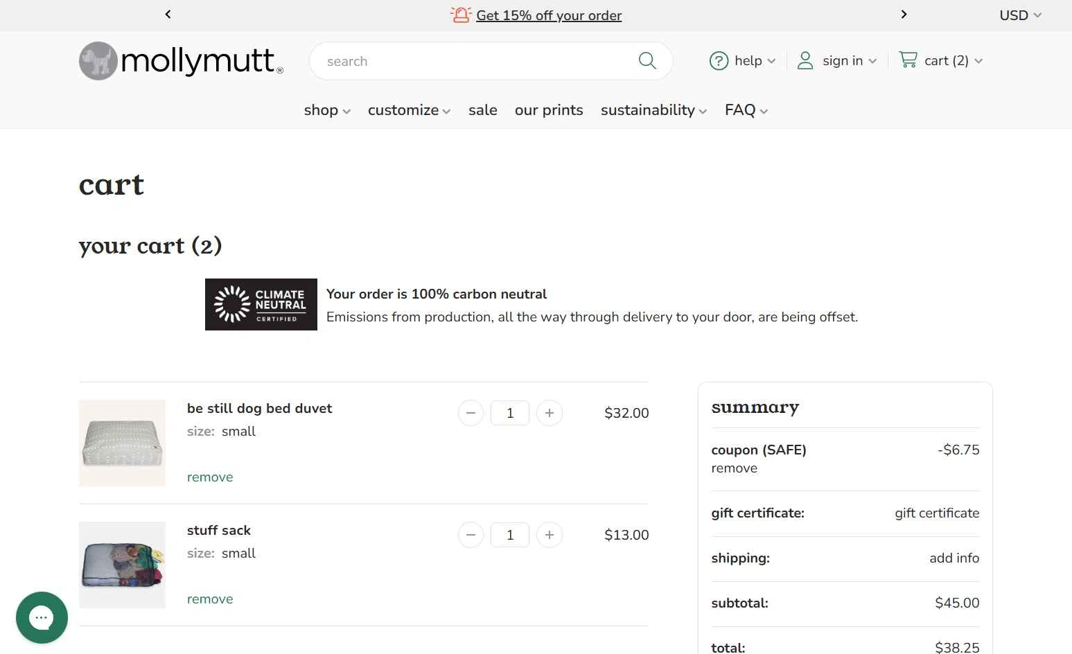 Molly Mutt checkout page showing Molly Mutt promo code box | Screenshot taken by SimplyCodes community member on Jan 10, 2026