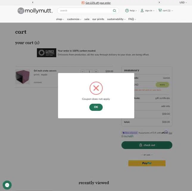Molly Mutt checkout page showing Molly Mutt promo code box | Screenshot taken by SimplyCodes community member on Jan 24, 2026