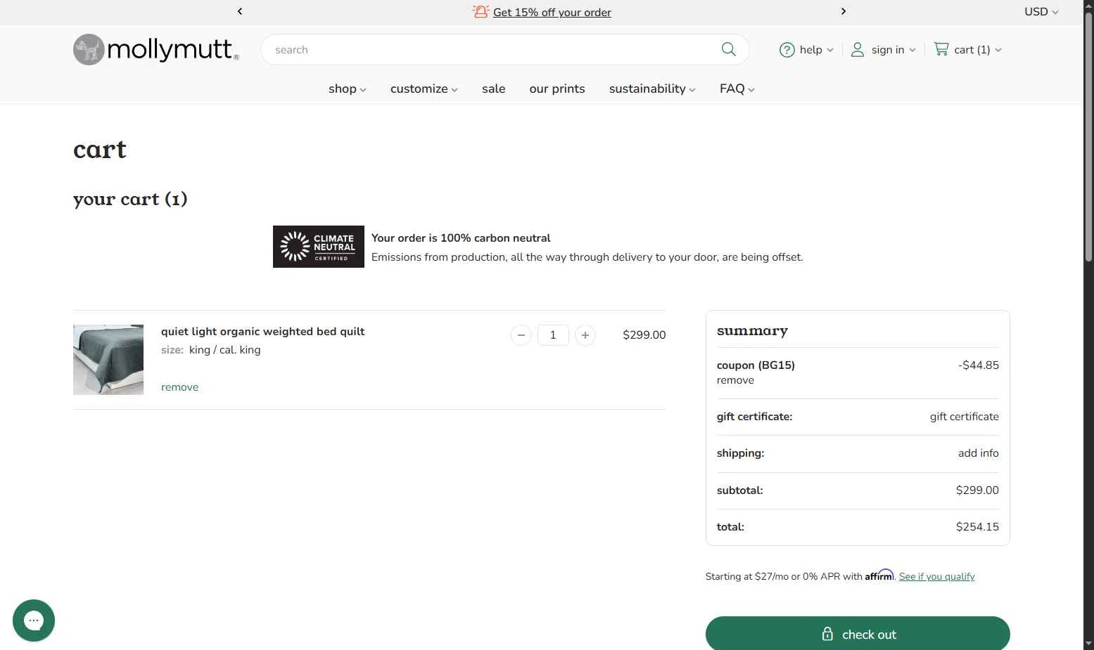 Molly Mutt checkout page showing Molly Mutt promo code box | Screenshot taken by SimplyCodes community member on Jan 20, 2026
