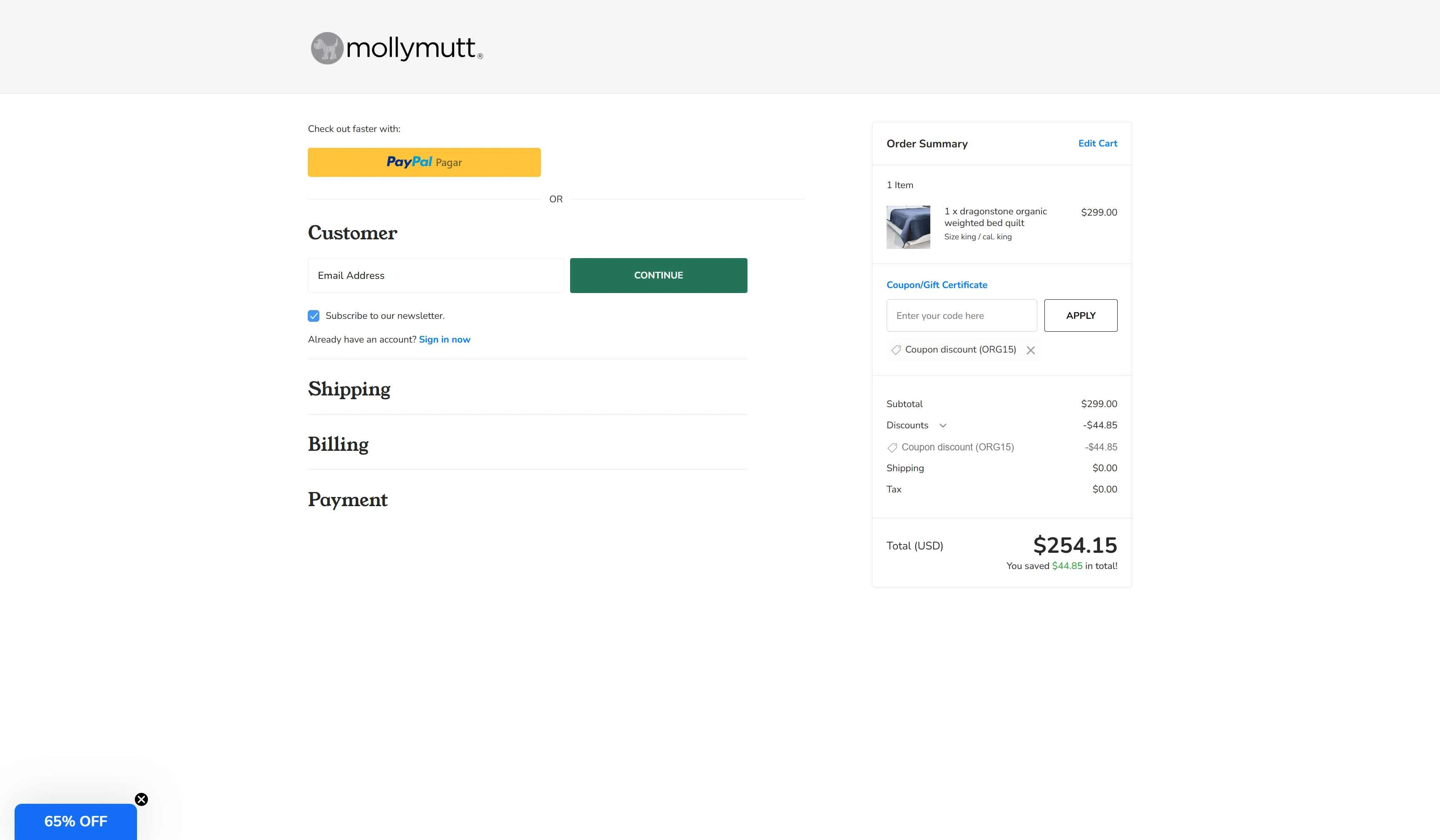 Molly Mutt checkout page showing Molly Mutt promo code box | Screenshot taken by SimplyCodes community member on Dec 31, 2025