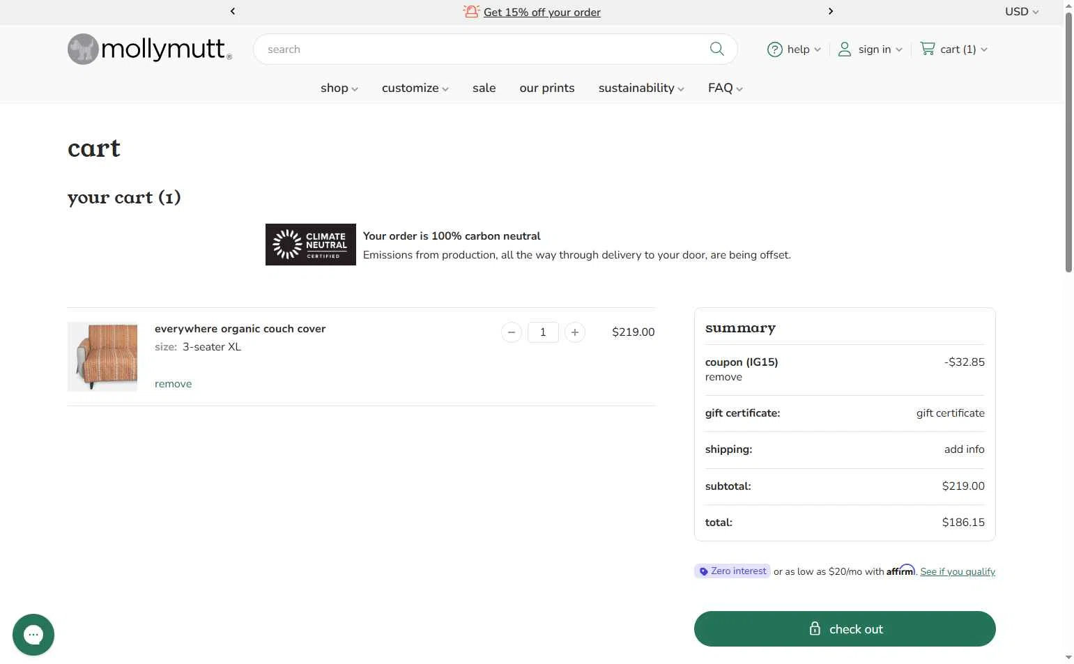 Molly Mutt checkout page showing Molly Mutt promo code box | Screenshot taken by SimplyCodes community member on Jan 7, 2026