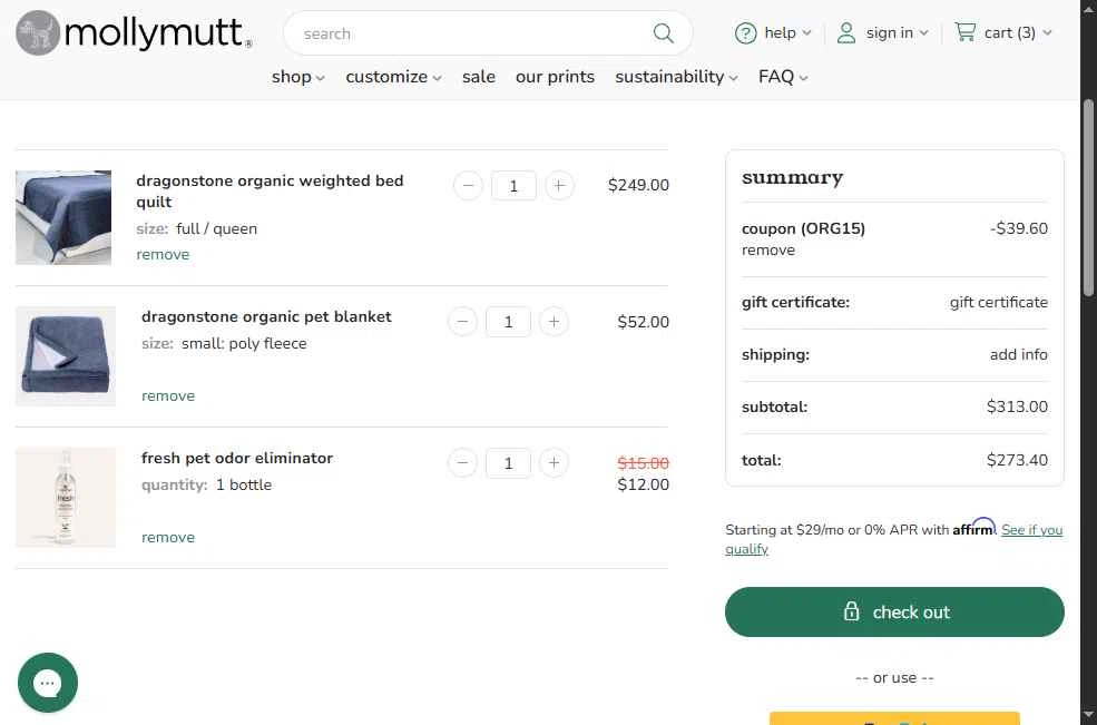 Molly Mutt checkout page showing Molly Mutt promo code box | Screenshot taken by SimplyCodes community member on Jan 29, 2026