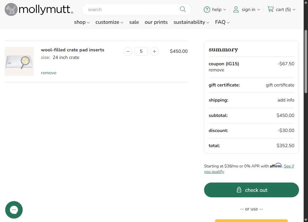 Molly Mutt checkout page showing Molly Mutt promo code box | Screenshot taken by SimplyCodes community member on Jan 7, 2026