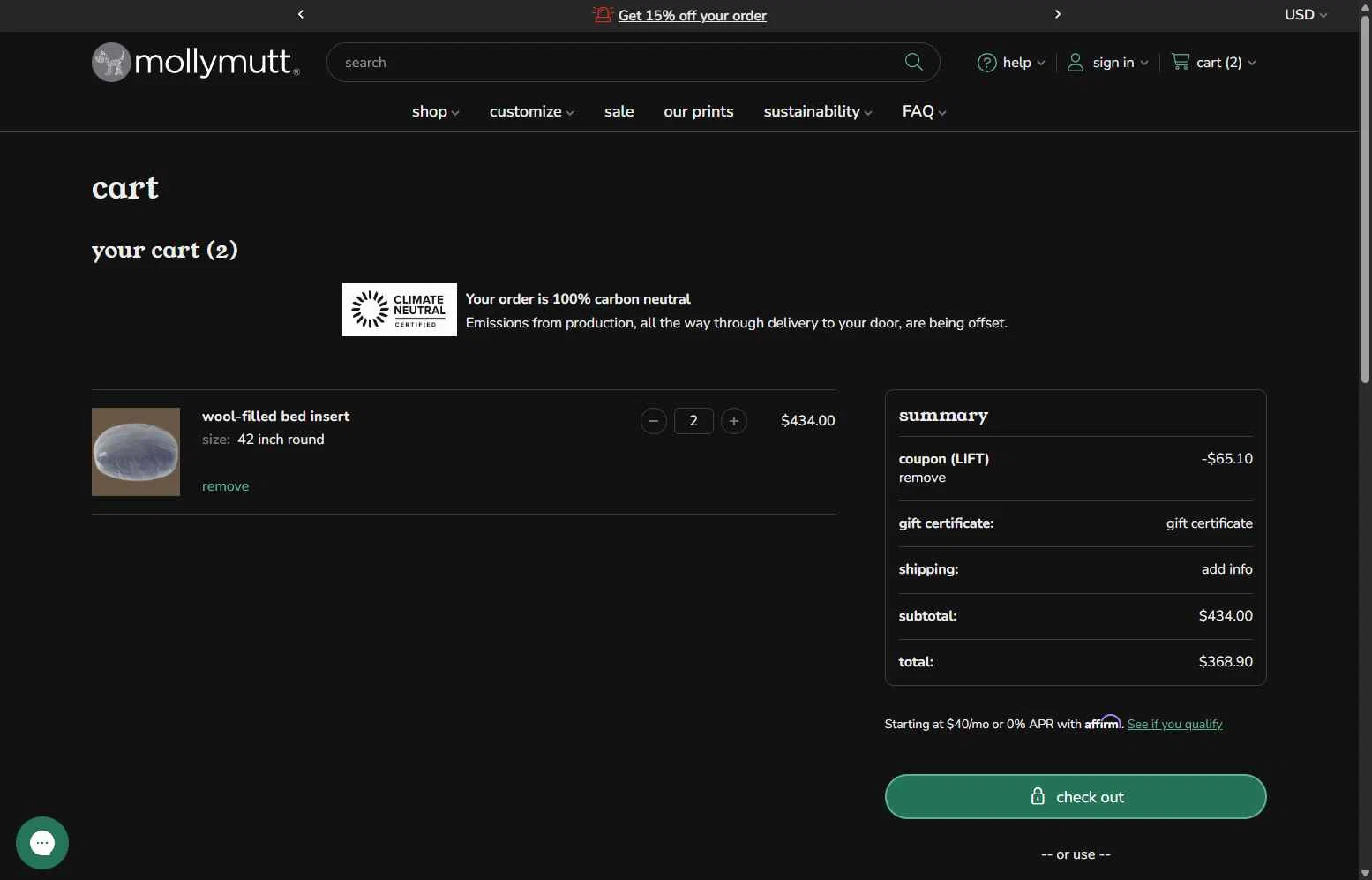 Molly Mutt checkout page showing Molly Mutt promo code box | Screenshot taken by SimplyCodes community member on Jan 21, 2026