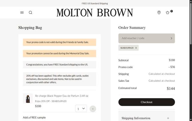 Molton Brown checkout page showing Molton Brown promo code box | Screenshot taken by SimplyCodes community member on Jul 28, 2025