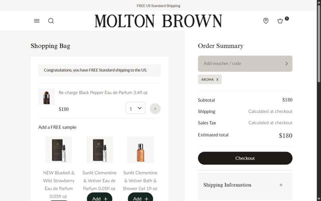 Molton Brown checkout page showing Molton Brown promo code box | Screenshot taken by SimplyCodes community member on Jul 21, 2025