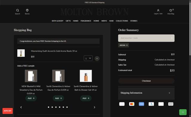 Molton Brown checkout page showing Molton Brown promo code box | Screenshot taken by SimplyCodes community member on Aug 19, 2025
