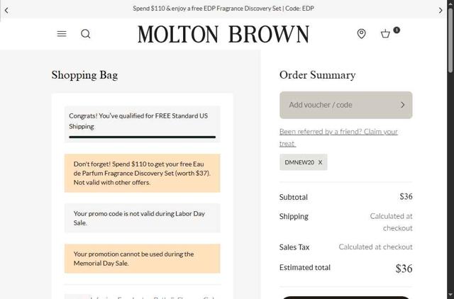 Molton Brown checkout page showing Molton Brown promo code box | Screenshot taken by SimplyCodes community member on Sep 7, 2025