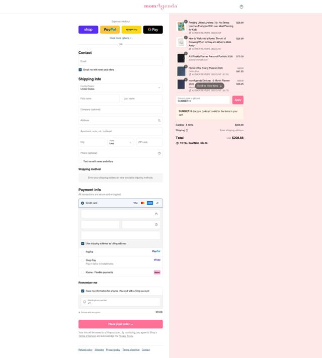 momAgenda checkout page showing momAgenda promo code box | Screenshot taken by SimplyCodes community member on Sep 14, 2025