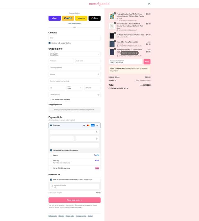 momAgenda checkout page showing momAgenda promo code box | Screenshot taken by SimplyCodes community member on Sep 14, 2025