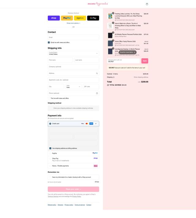 momAgenda checkout page showing momAgenda promo code box | Screenshot taken by SimplyCodes community member on Sep 14, 2025