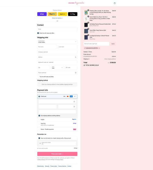 momAgenda checkout page showing momAgenda promo code box | Screenshot taken by SimplyCodes community member on Sep 14, 2025
