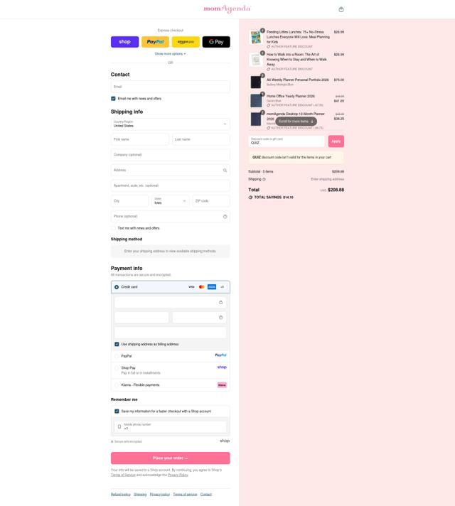 momAgenda checkout page showing momAgenda promo code box | Screenshot taken by SimplyCodes community member on Sep 14, 2025