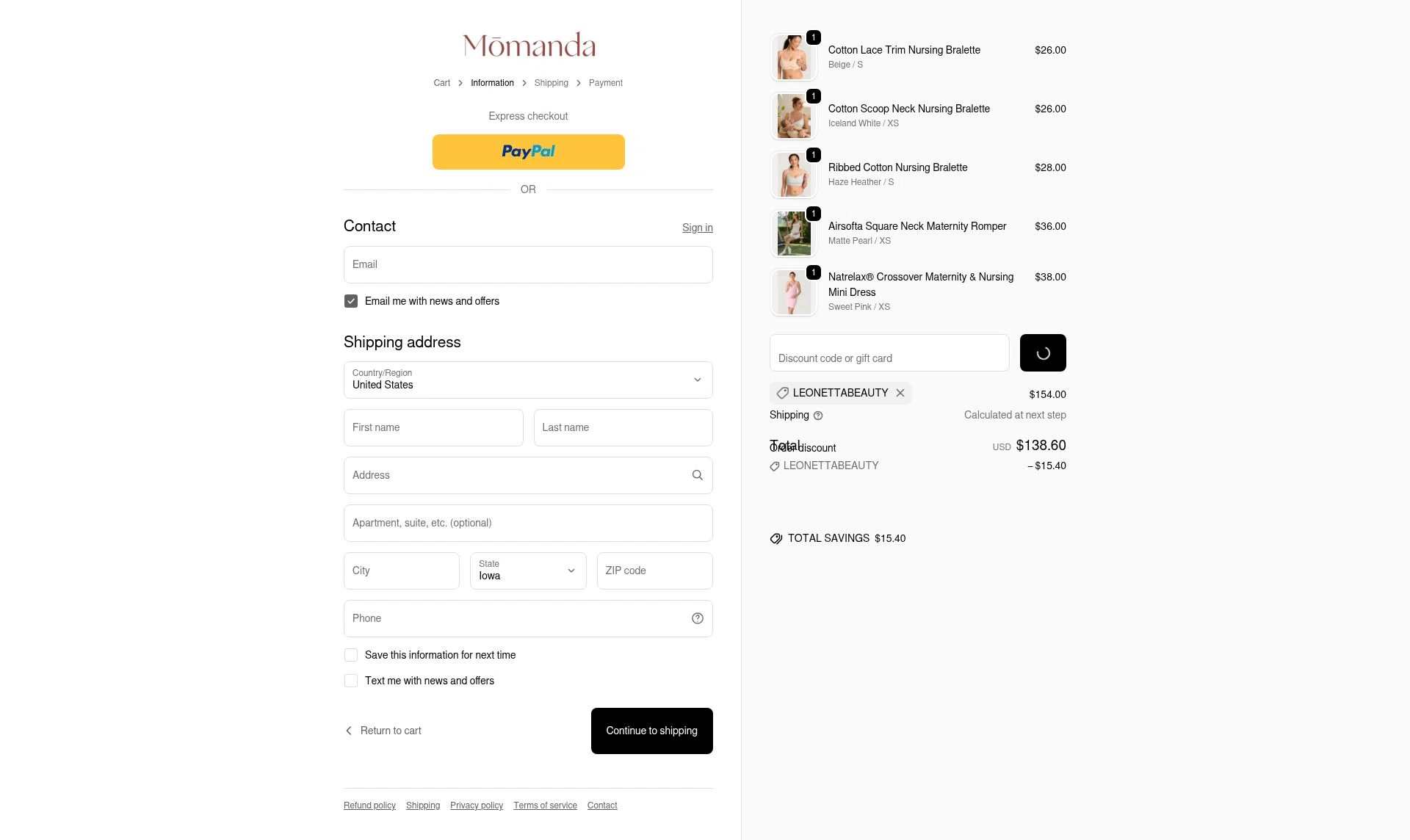 Momanda checkout page showing Momanda discount code box | Screenshot taken by SimplyCodes community member on Feb 17, 2026