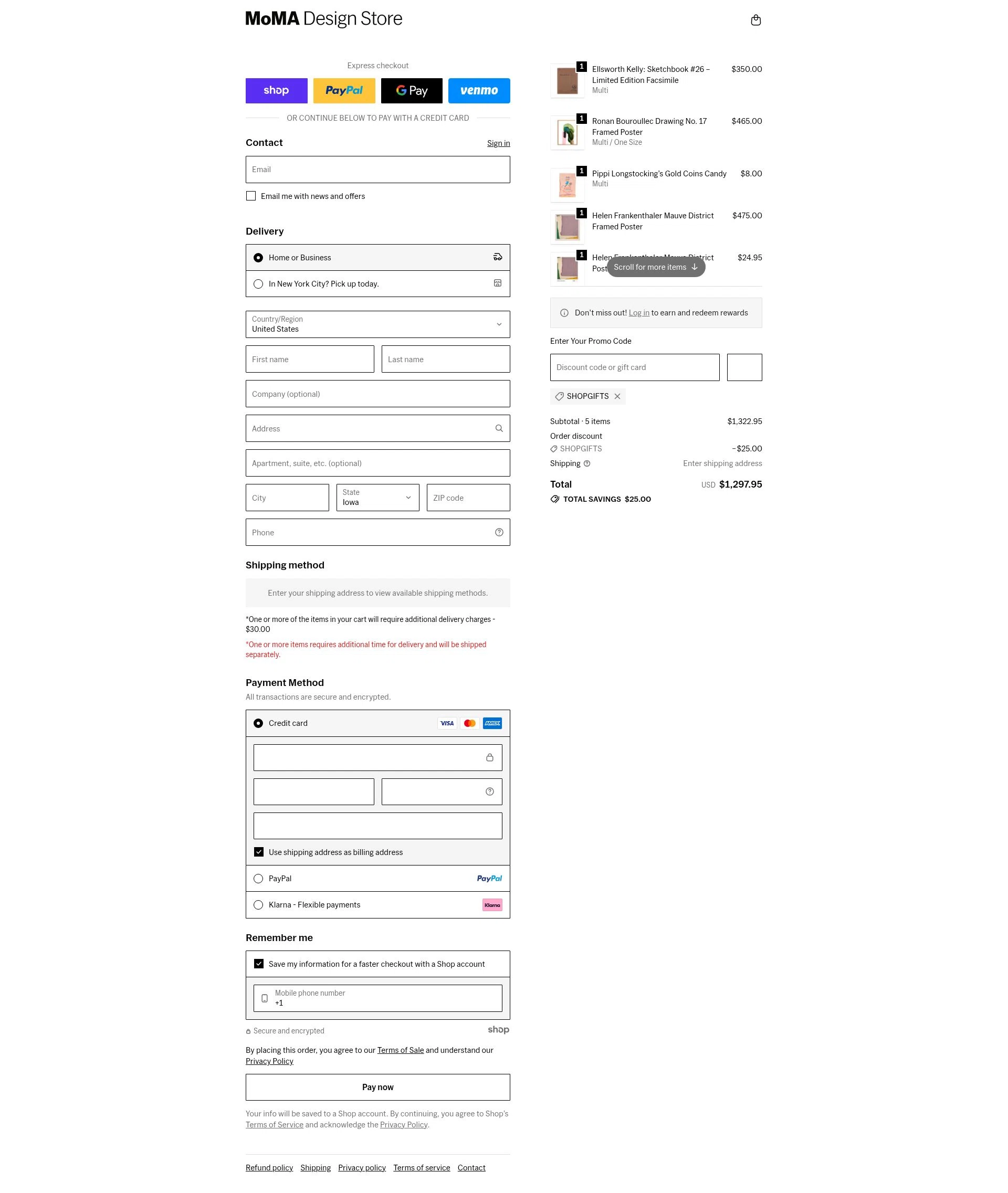 MoMA Store checkout page showing MoMA Store discount code box | Screenshot taken by SimplyCodes community member on Dec 5, 2025