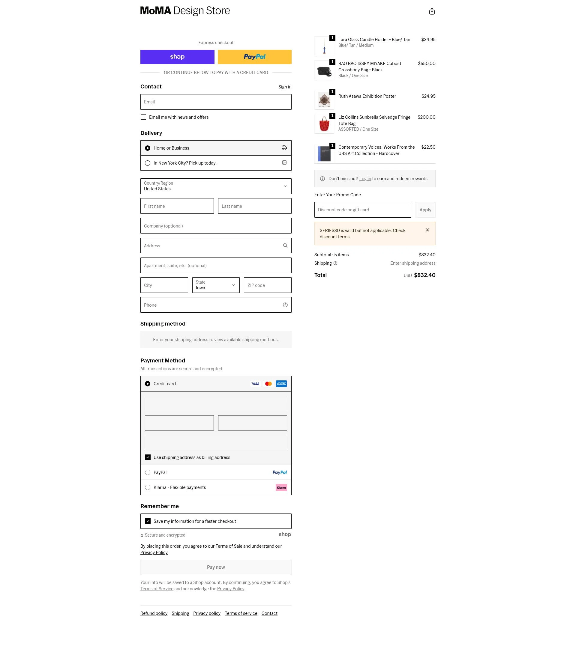 MoMA Store checkout page showing MoMA Store discount code box | Screenshot taken by SimplyCodes community member on Dec 28, 2025