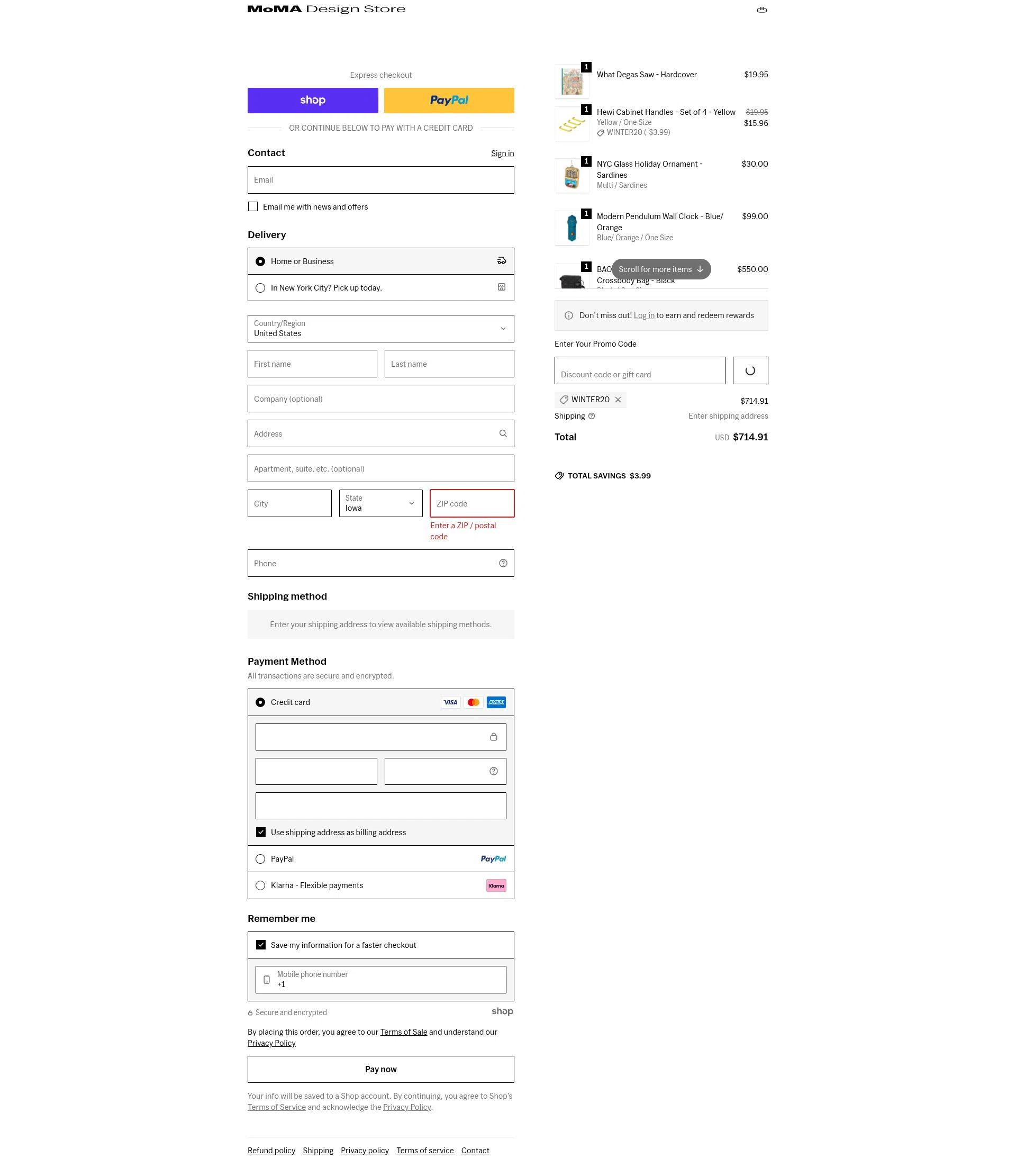MoMA Store checkout page showing MoMA Store discount code box | Screenshot taken by SimplyCodes community member on Jan 2, 2026