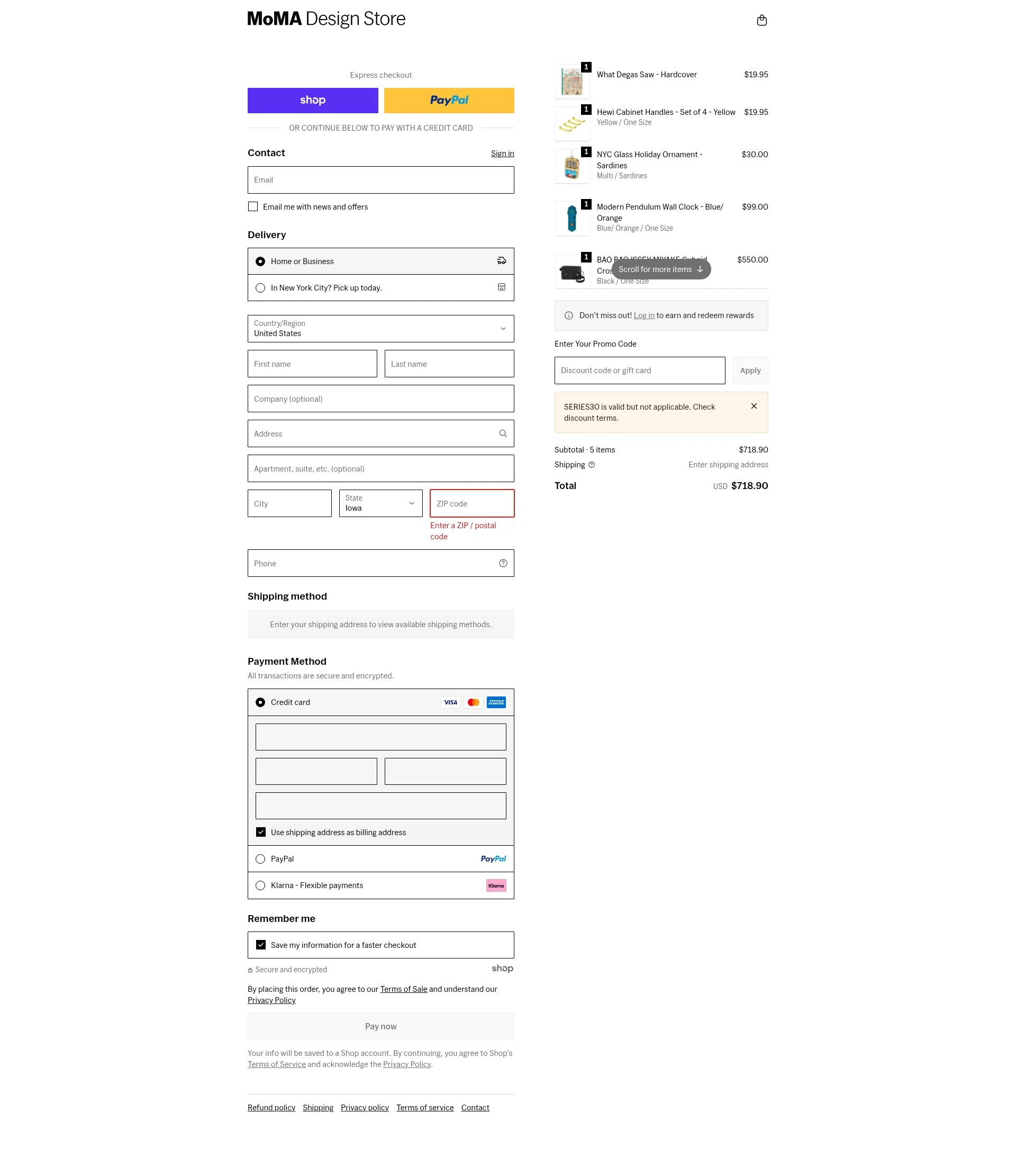 MoMA Store checkout page showing MoMA Store discount code box | Screenshot taken by SimplyCodes community member on Jan 2, 2026