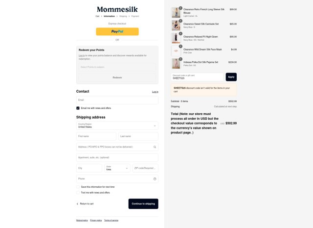 MommeSilk checkout page showing MommeSilk promo code box | Screenshot taken by SimplyCodes community member on Sep 2, 2025