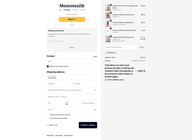 MommeSilk checkout page showing MommeSilk promo code box | Screenshot taken by SimplyCodes community member on Sep 2, 2025