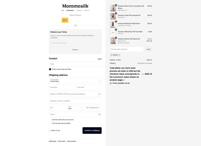 MommeSilk checkout page showing MommeSilk promo code box | Screenshot taken by SimplyCodes community member on Sep 2, 2025