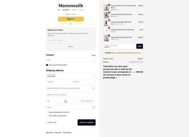MommeSilk checkout page showing MommeSilk promo code box | Screenshot taken by SimplyCodes community member on Sep 2, 2025
