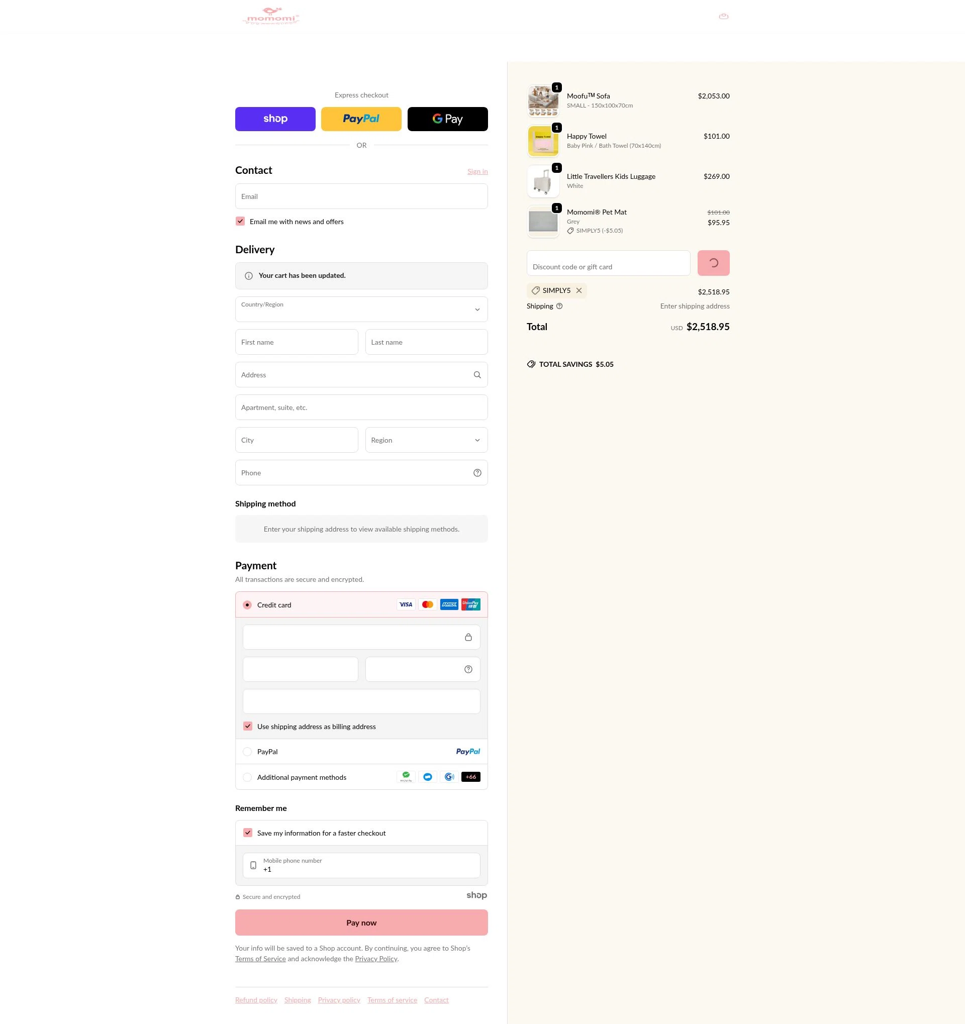 Momomi checkout page showing Momomi discount code box | Screenshot taken by SimplyCodes community member on Jan 3, 2026