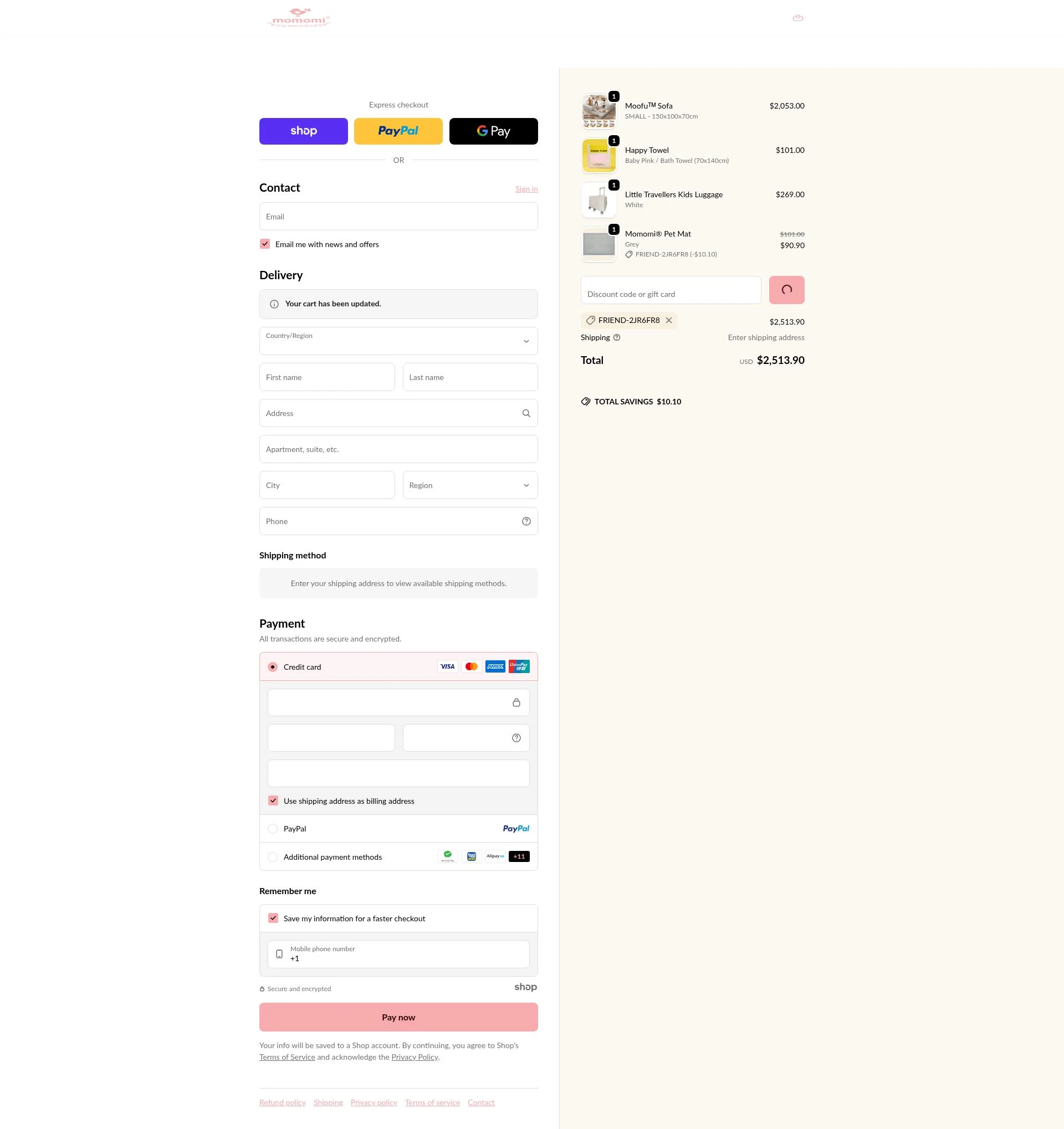 Momomi checkout page showing Momomi discount code box | Screenshot taken by SimplyCodes community member on Jan 8, 2026