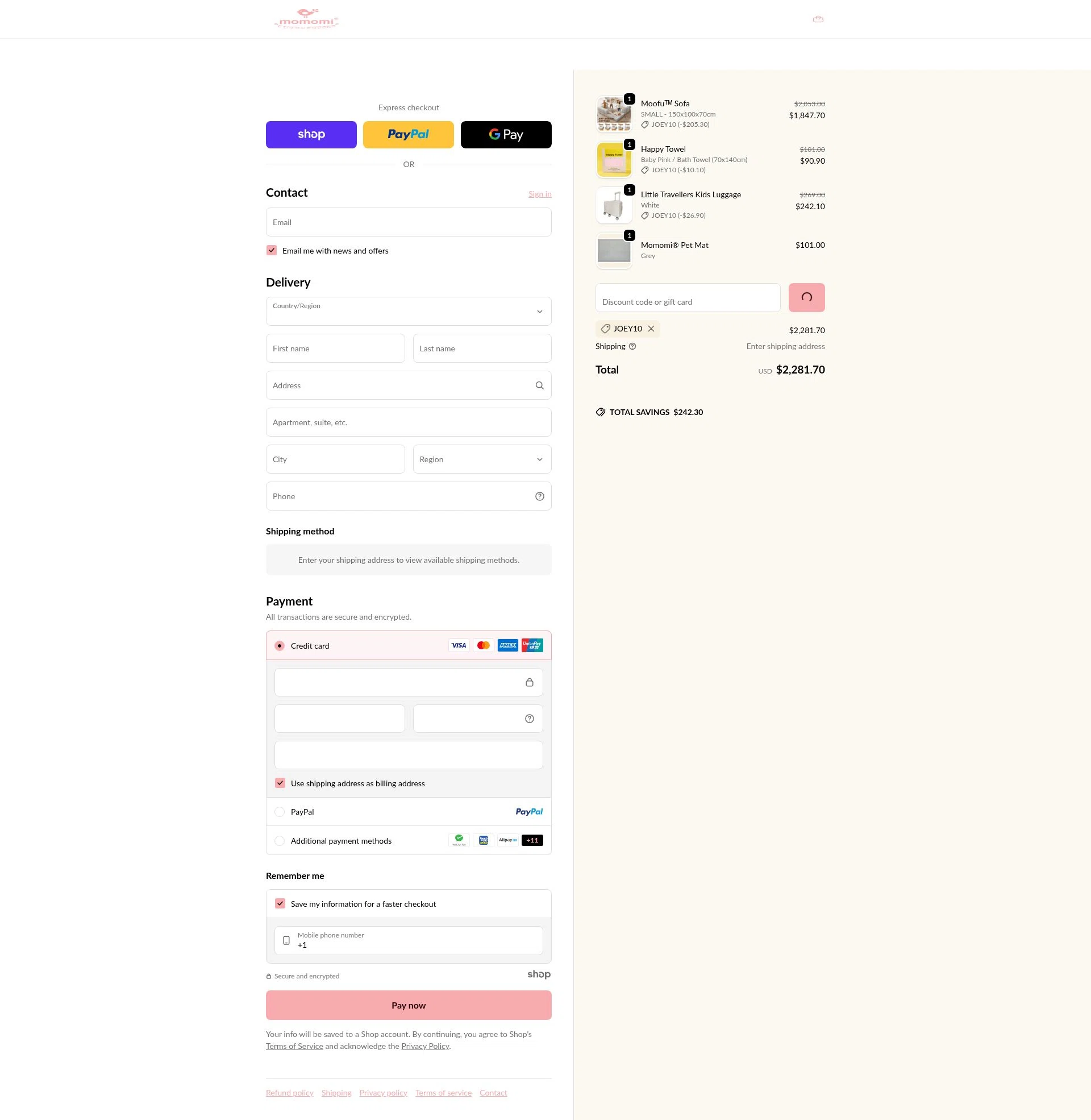 Momomi checkout page showing Momomi discount code box | Screenshot taken by SimplyCodes community member on Jan 8, 2026
