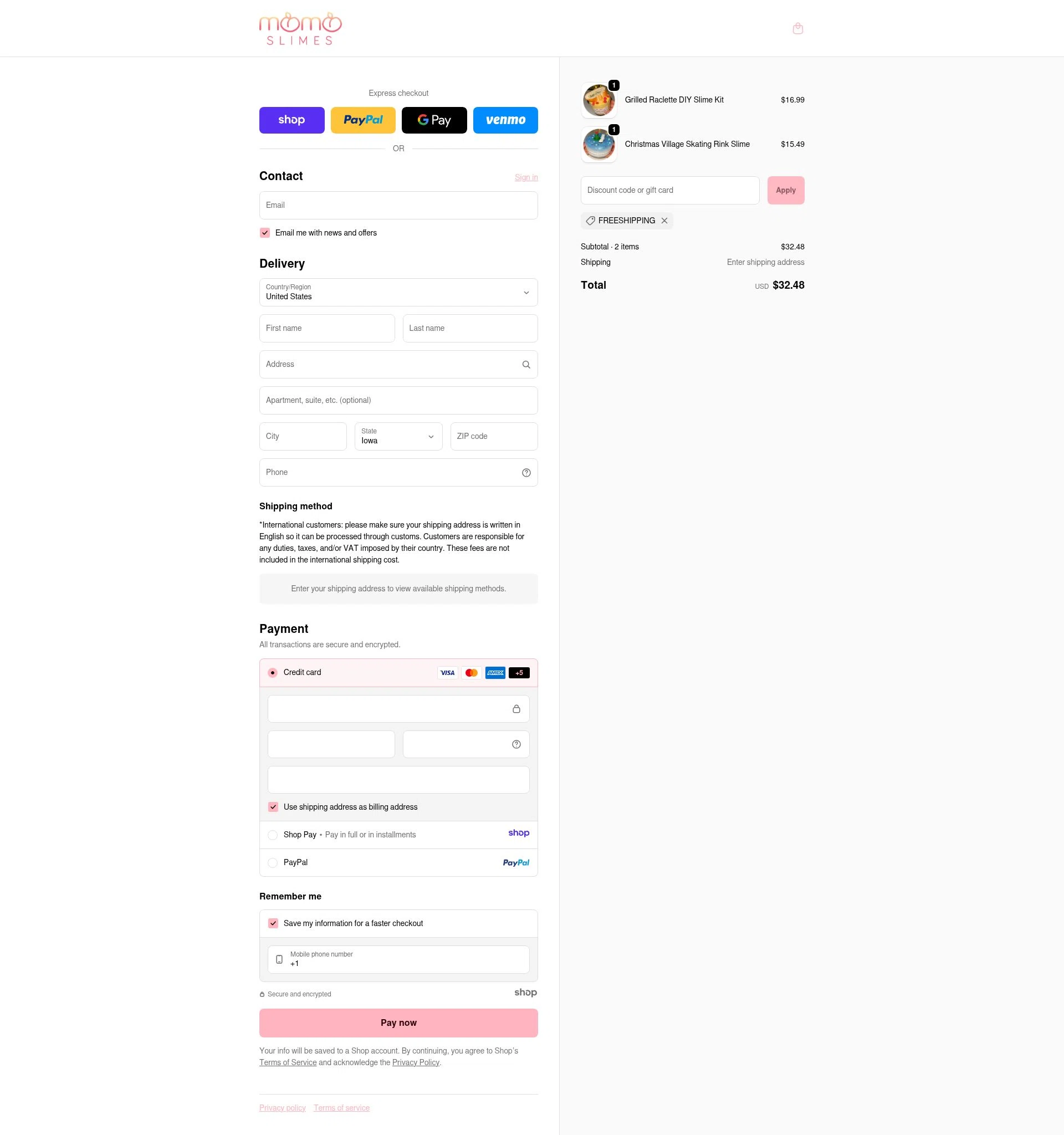 Momo Slimes checkout page showing Momo Slimes discount code box | Screenshot taken by SimplyCodes community member on Jan 15, 2026