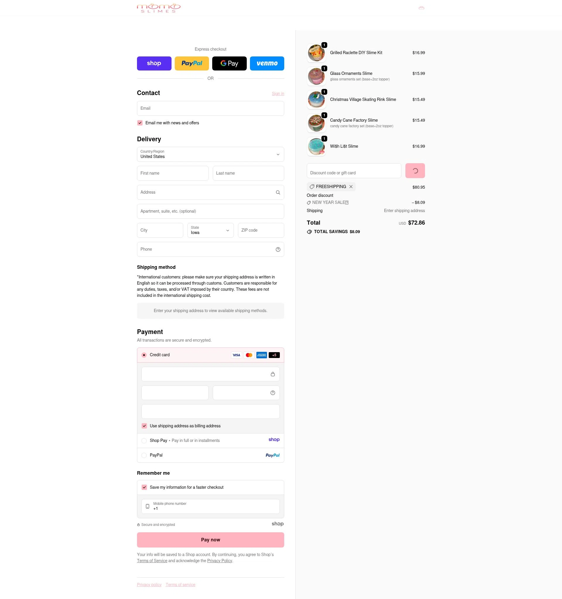 Momo Slimes checkout page showing Momo Slimes discount code box | Screenshot taken by SimplyCodes community member on Jan 5, 2026