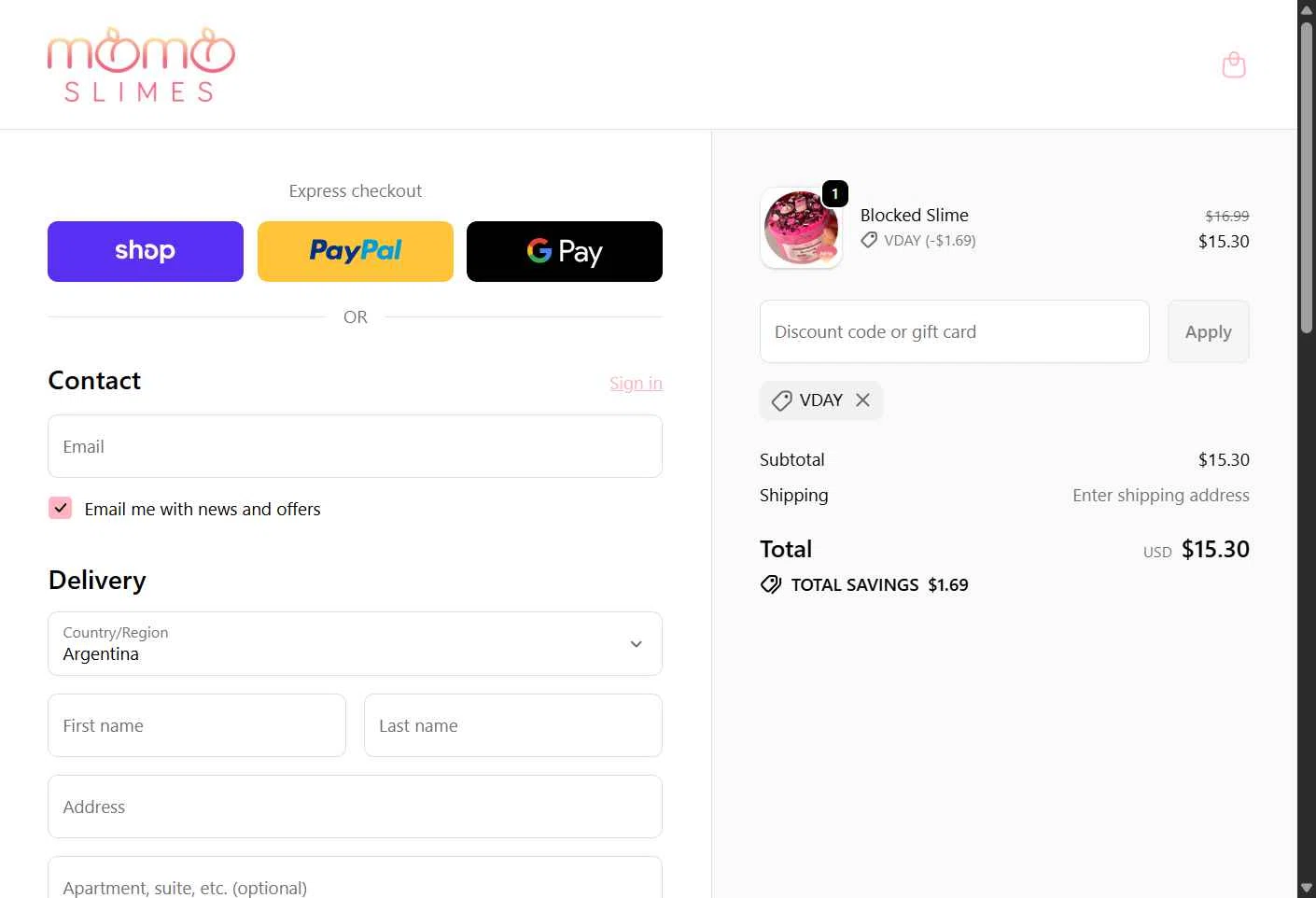 Momo Slimes checkout page showing Momo Slimes discount code box | Screenshot taken by SimplyCodes community member on Feb 2, 2026
