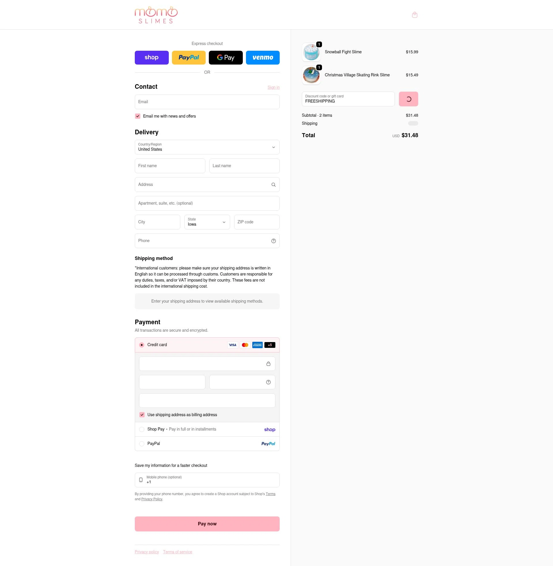 Momo Slimes checkout page showing Momo Slimes discount code box | Screenshot taken by SimplyCodes community member on Feb 7, 2026
