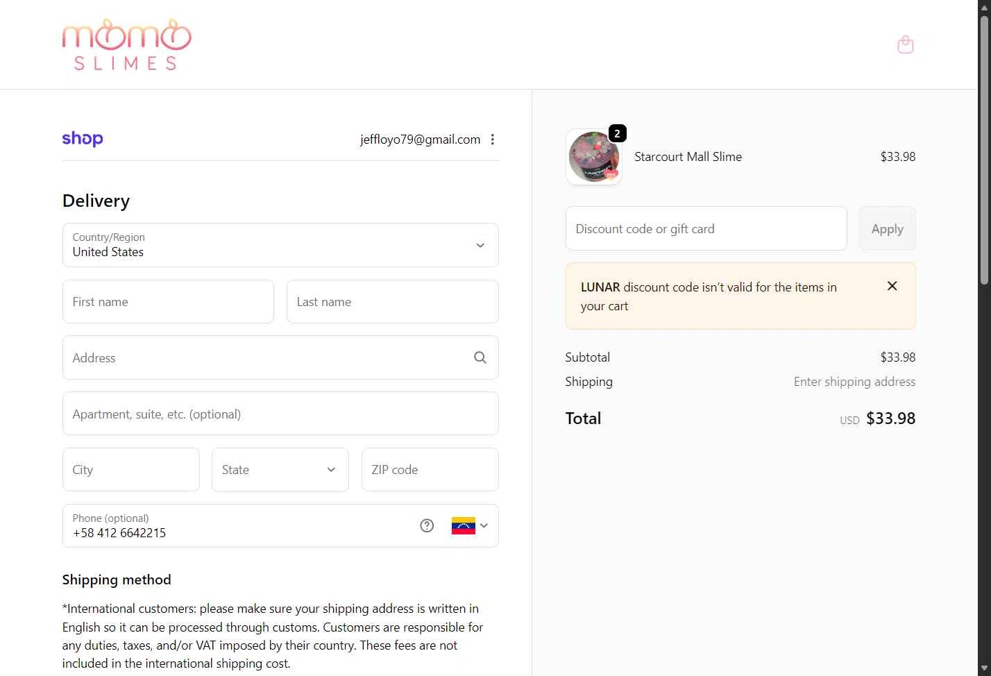 Momo Slimes checkout page showing Momo Slimes discount code box | Screenshot taken by SimplyCodes community member on Jan 25, 2026