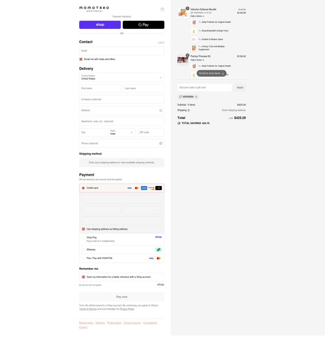 Momotaro Apotheca checkout page showing Momotaro Apotheca discount code box | Screenshot taken by SimplyCodes community member on Sep 3, 2025