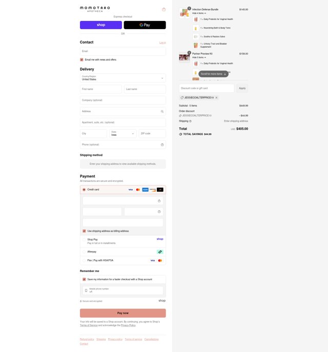 Momotaro Apotheca checkout page showing Momotaro Apotheca discount code box | Screenshot taken by SimplyCodes community member on Sep 3, 2025