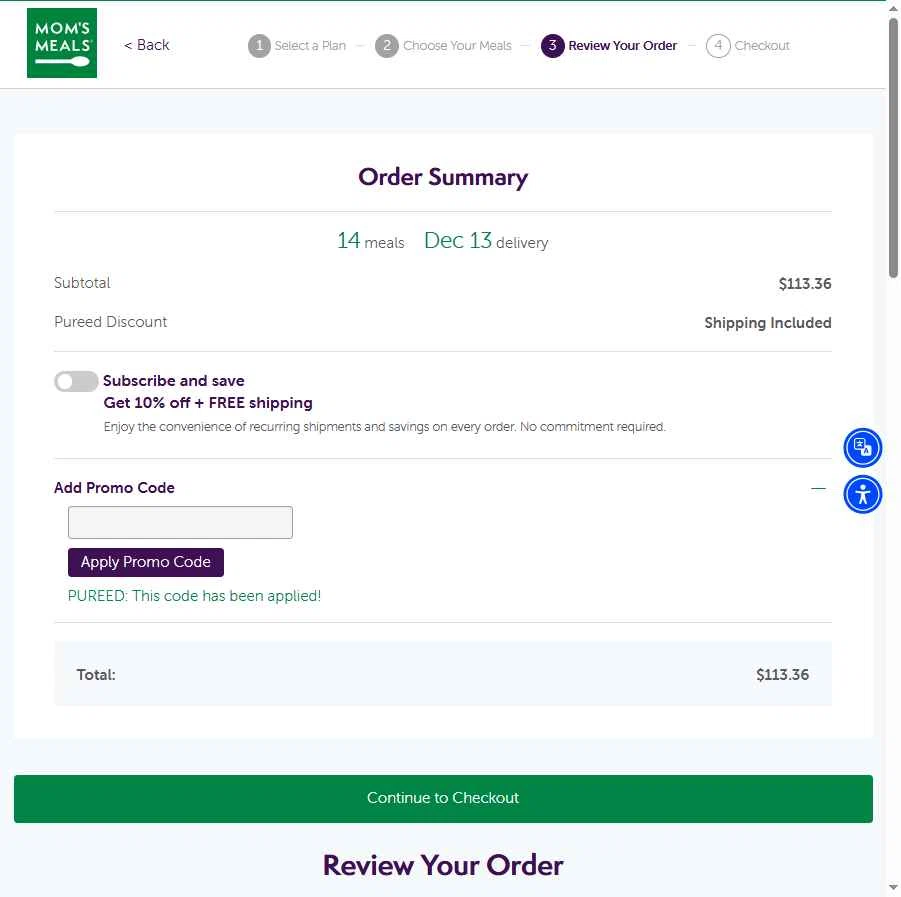 Mom's Meals checkout page showing Mom's Meals promo code box | Screenshot taken by SimplyCodes community member on Dec 11, 2025