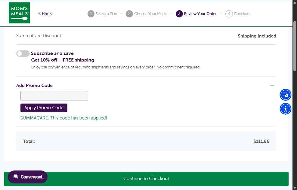 Mom's Meals checkout page showing Mom's Meals promo code box | Screenshot taken by SimplyCodes community member on Dec 8, 2025